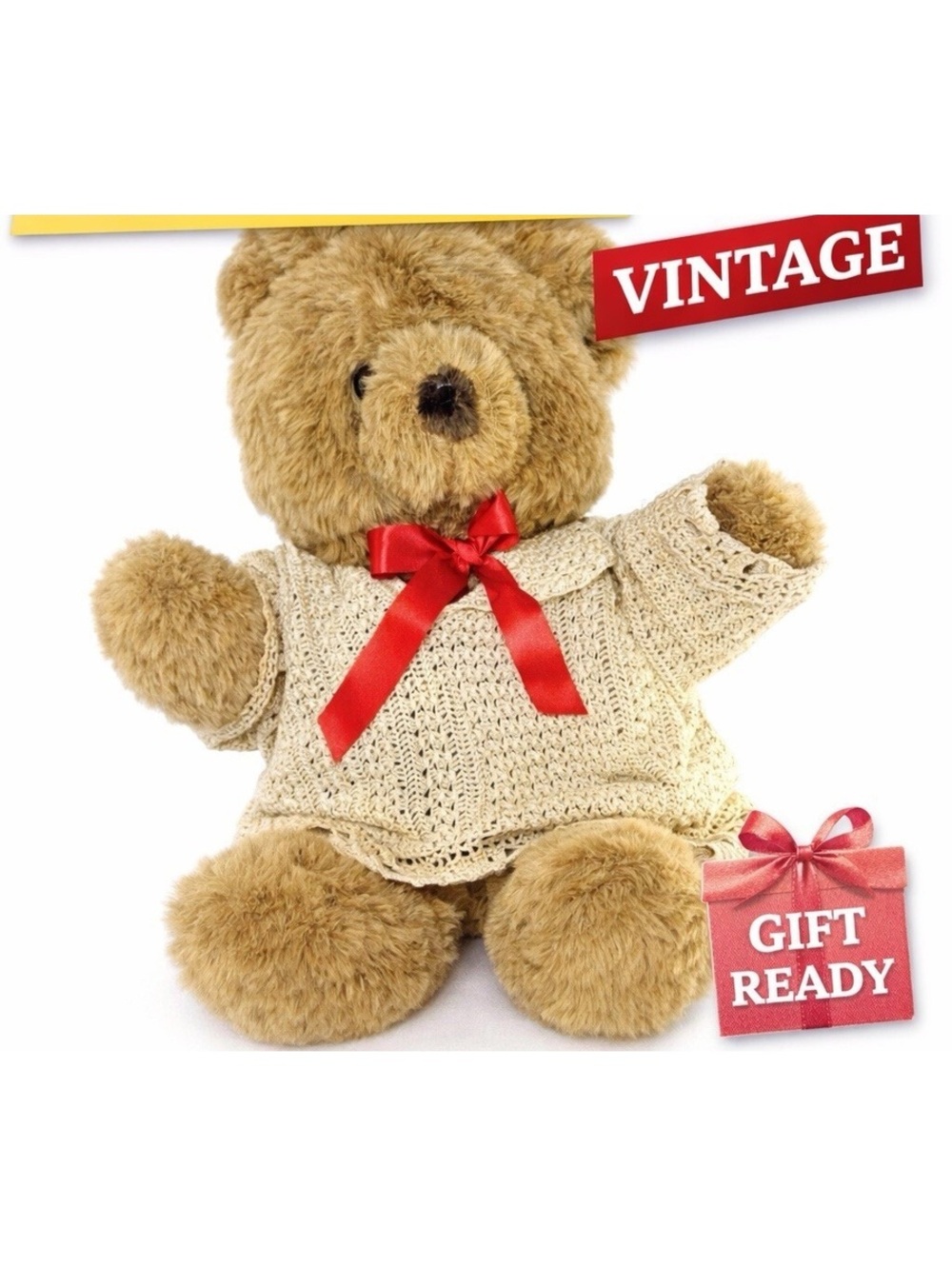 Vintage House of Lloyd Huggable Brown Bear Plush w/ Sweater Red Bow Taiwan